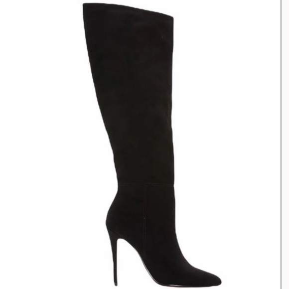 EXPRESS BLACK ASYMMETRICAL SHAFT SUEDE KNEE HIGH STILETTO BOOTS W/ POINTED TOE - Picture 1 of 8